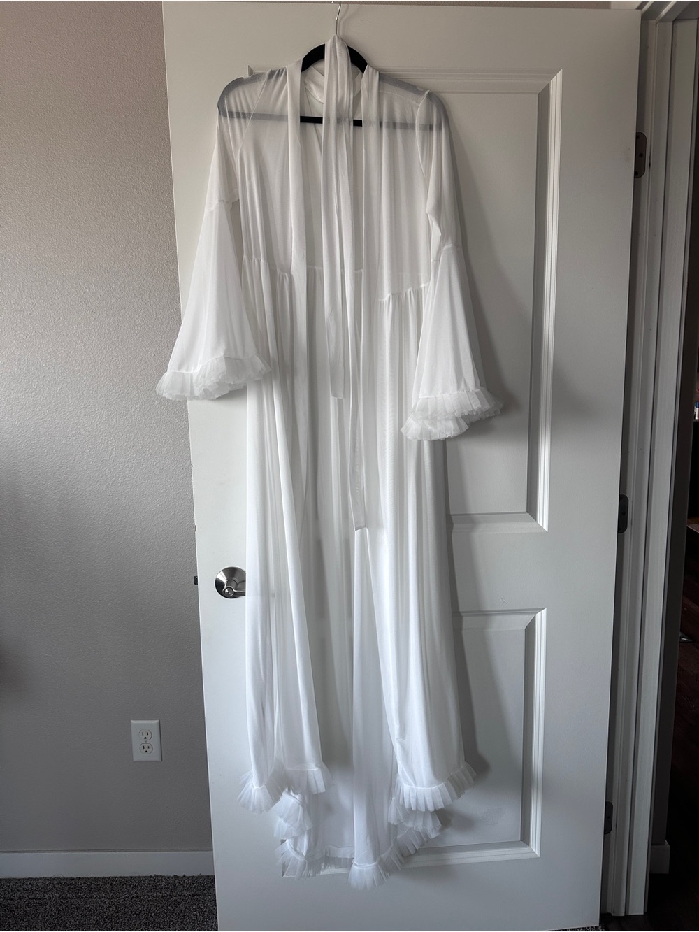 Sheer White Long Robe with Ruffle Trim